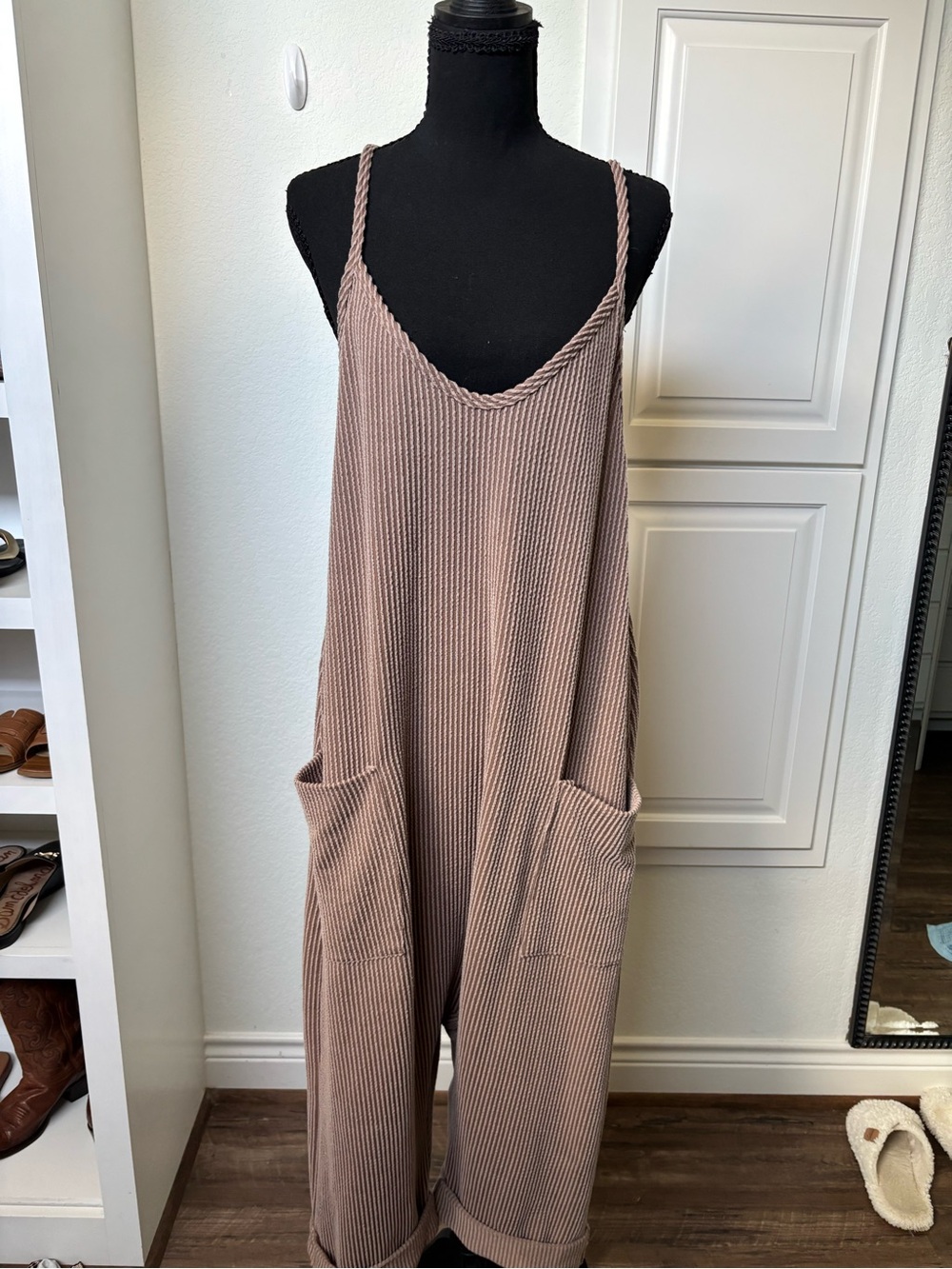 Sleeveless Ribbed Jumpsuit in Taupe